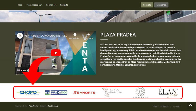 El logotipo de tu empresa aparecerá en las páginas del portal oficial de Plaza Pradea Sur